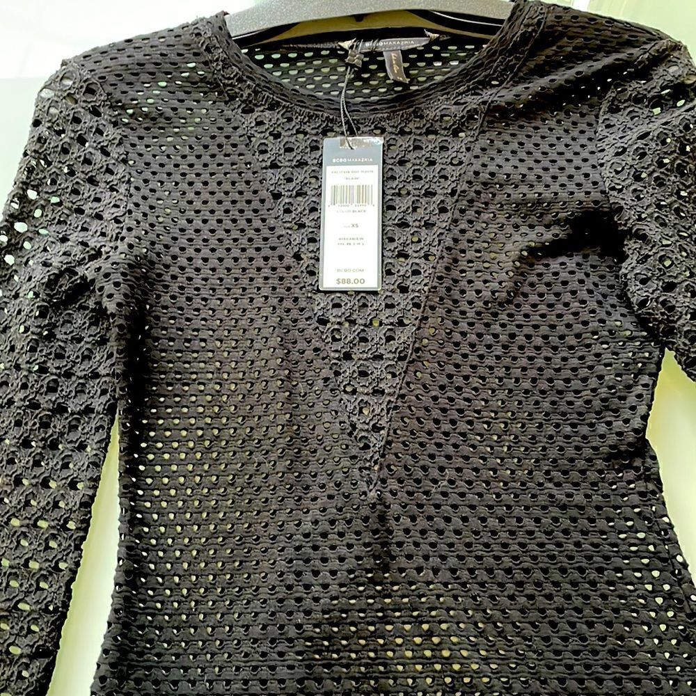 Bcbgmaxazria NWT blouse black long sleeves net see through